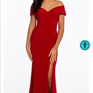 Red maxi off shoulder prom dress